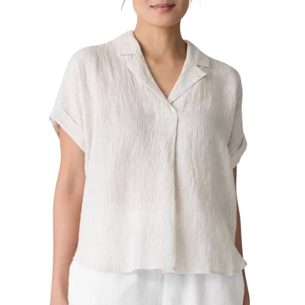 Thread & Supply Off White Linen/Rayon Short Cuffed Sleeve V-Neck Top EUC